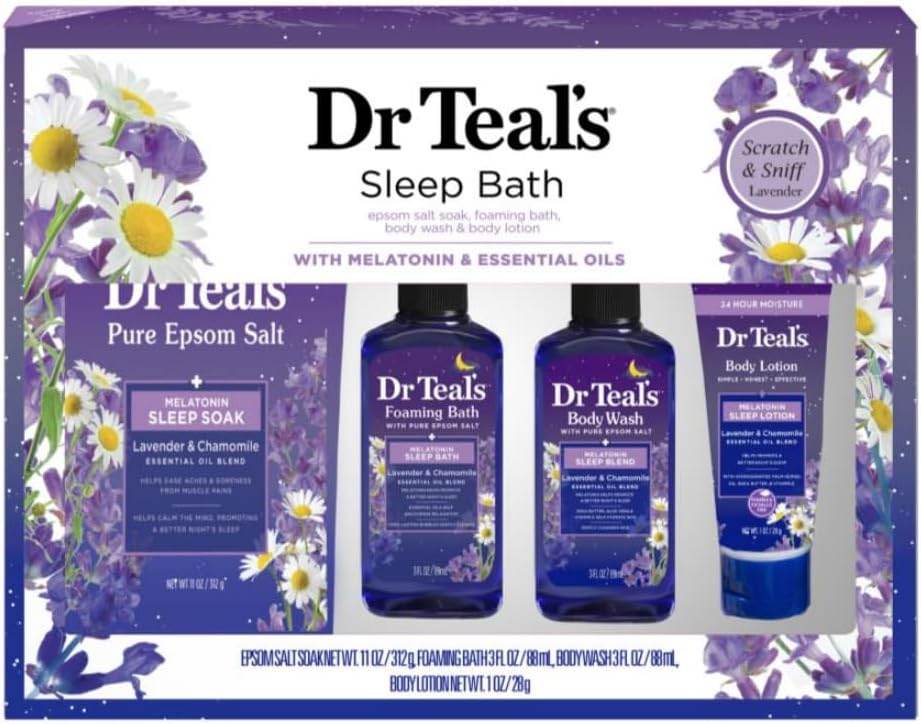 Dr. Teal's Melatonin Sleep Soak Lavender & Chamomile Epsom Salt 11oz, Foaming Bath 3oz, Body Wash 3oz, Body Lotion 1oz, Gift Set Body Washes & Body Scrubs Melatonin-Sleep-Soak-Lavender-Chamomile-Epsom-Salt-11oz-Foaming-Bath-3oz-Body-Wash-3oz-Body-Lotion-1oz-Gift-Set-EXprimi-Skincare-Kenya-77 shop at Exprimi Beauty Kenya. Home of Skin care, Body care, Make-up, Fragrance & Beauty.