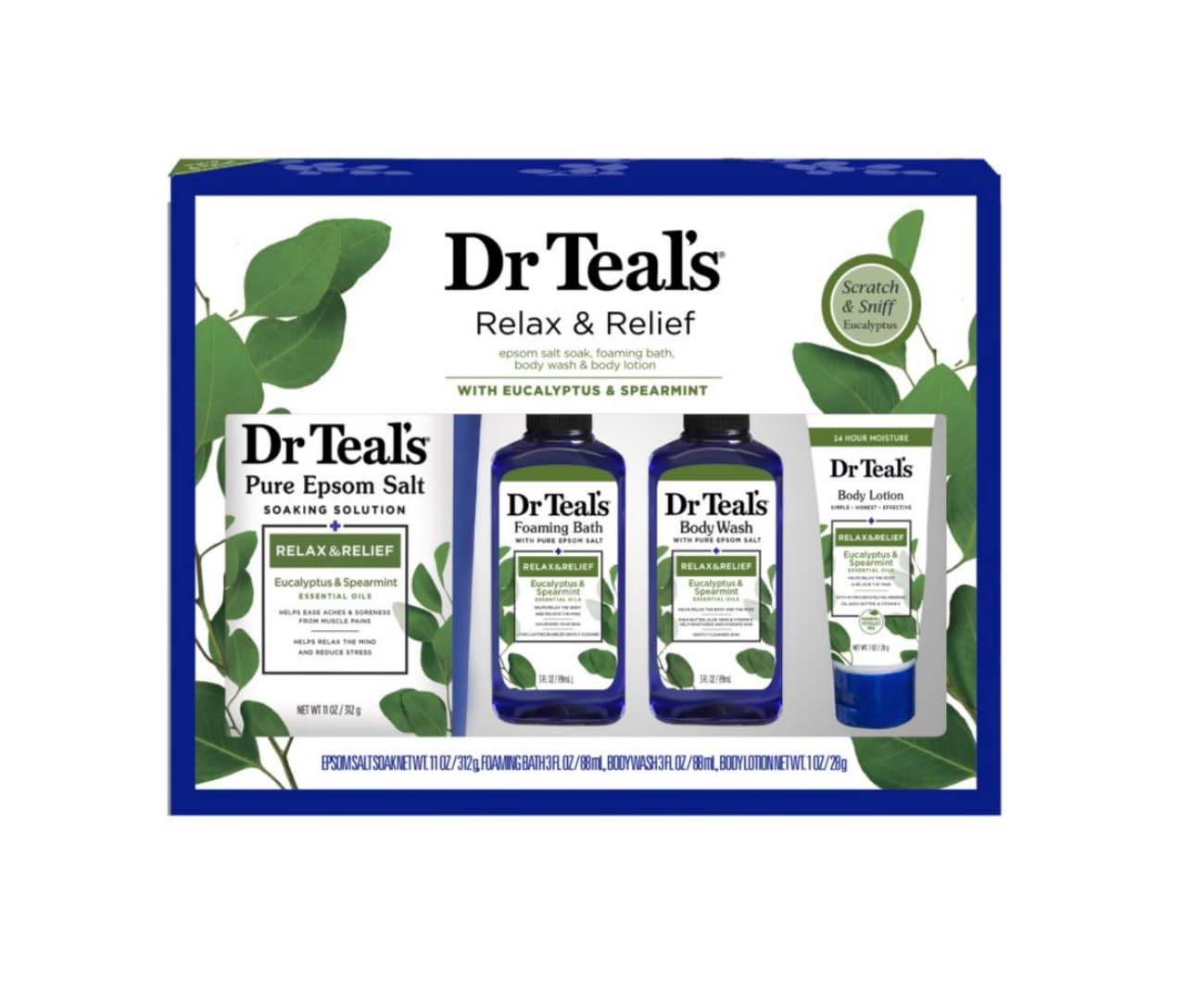 Dr. Teal's Relax & Relief Eucalyptus & Spearmint Epsom Salt Valentine's Day Gift Set Body Washes & Body Scrubs Relax-Relief-Eucalyptus-Spearmint-Epsom-Salt-312g-Foaming-Bath-Oil-88ml-Body-Wash-88ml-Body-Lotion-28g-Set-EXprimi-Skincare-Kenya-3139 shop at Exprimi Beauty Kenya. Home of Skin care, Body care, Make-up, Fragrance & Beauty.