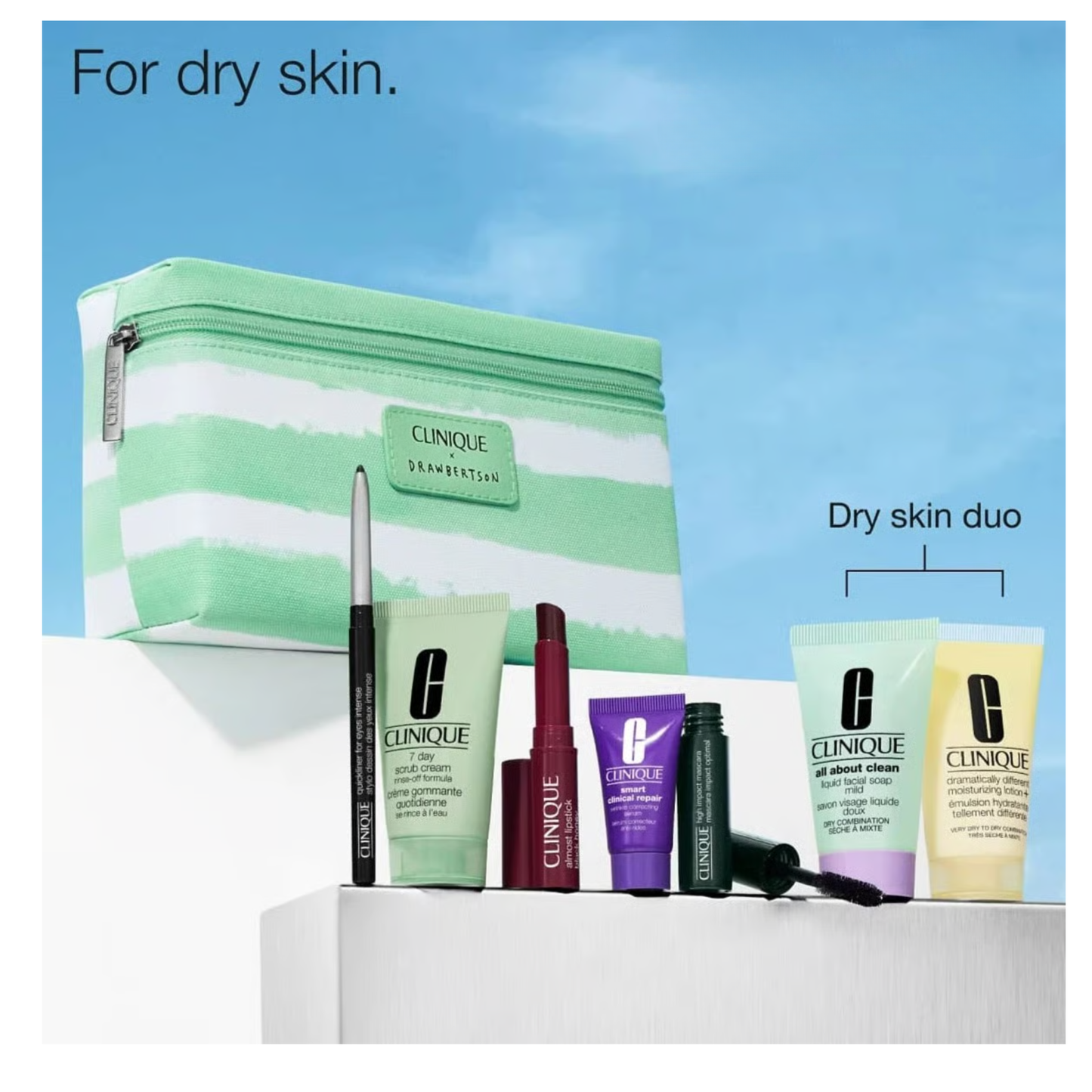 Clinique Clinique x Drawbertson 8 Pcs Travel Makeup Skincare Samples Gift Set Green Bag Clinique Gift set Clinique_Clinique_x_Drawbertson_8_Pcs_Travel_Makeup_Skincare_Samples_Gift_Set_Green_Bag_Clinique shop at Exprimi Beauty Kenya. Home of Skin care, Body care, Make-up, Fragrance & Beauty.