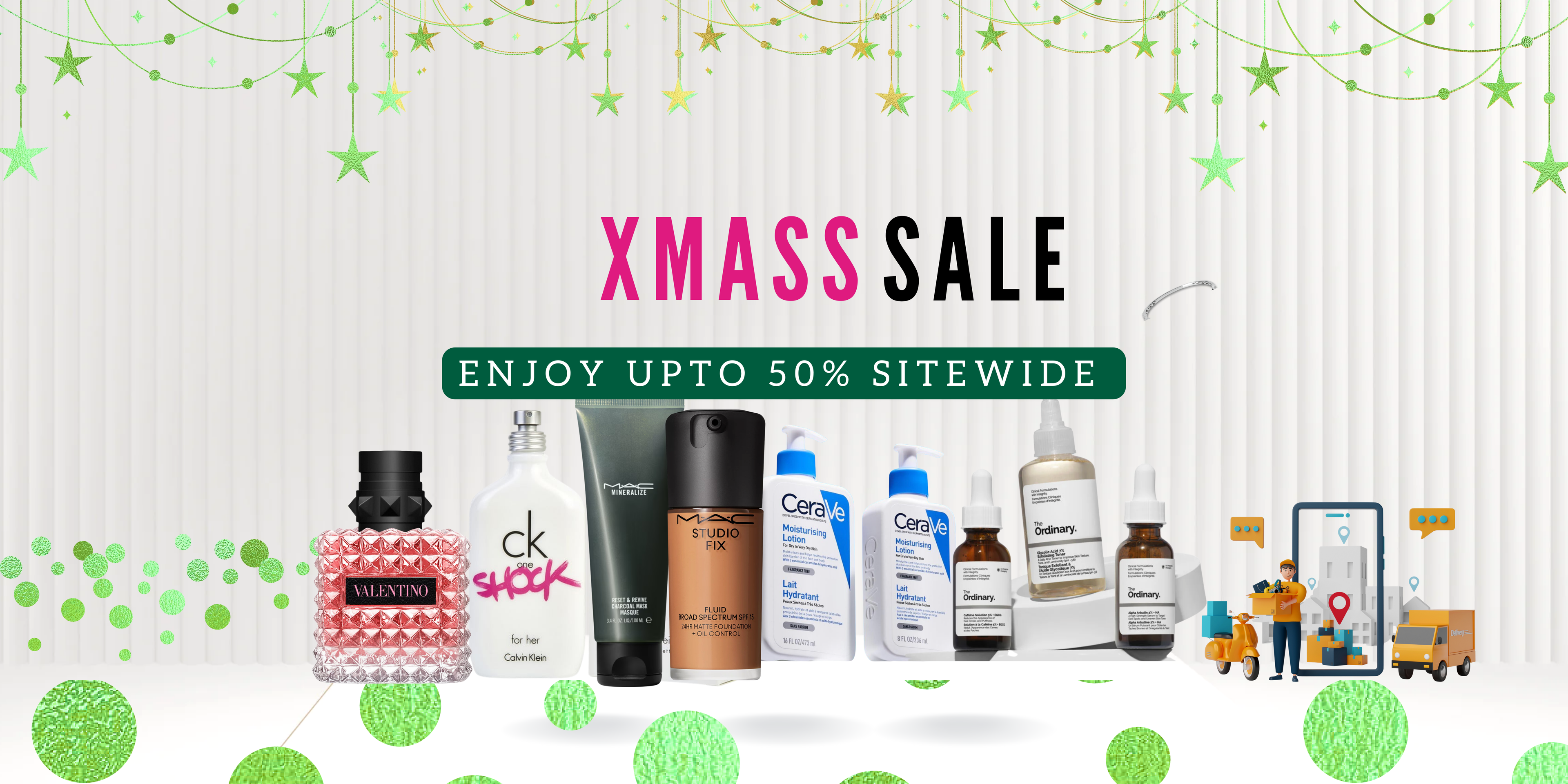 Promotional banner for a Christmas sale with various skincare and perfume products displayed.