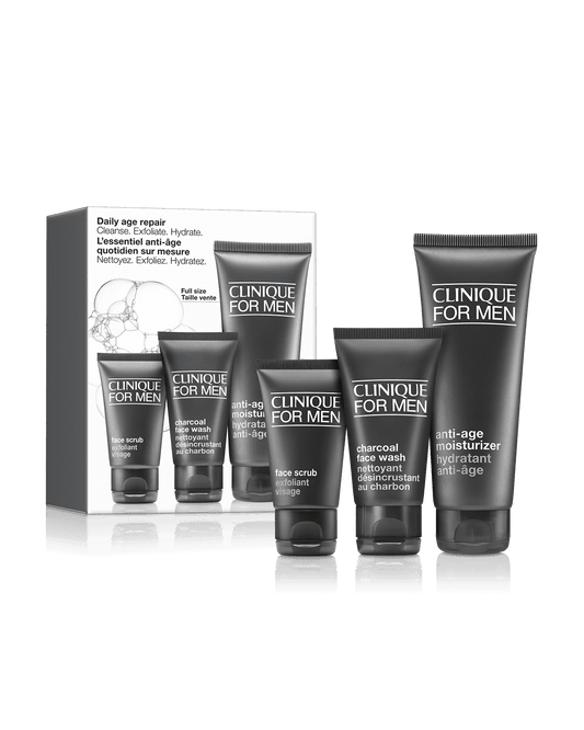Clinique Clinique Daily Age Repair Set: Cleanse. Exfoliate. Hydrate For Men gift set shop at Exprimi Beauty Kenya. Home of Skin care, Body care, Make-up, Fragrance & Beauty.